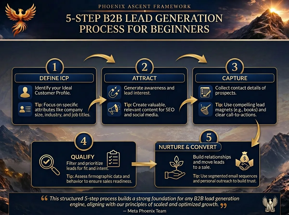 Infographic of the 5-step B2B lead generation process for beginners, from Ultimate Guide to B2B Lead Generation for Beginners.