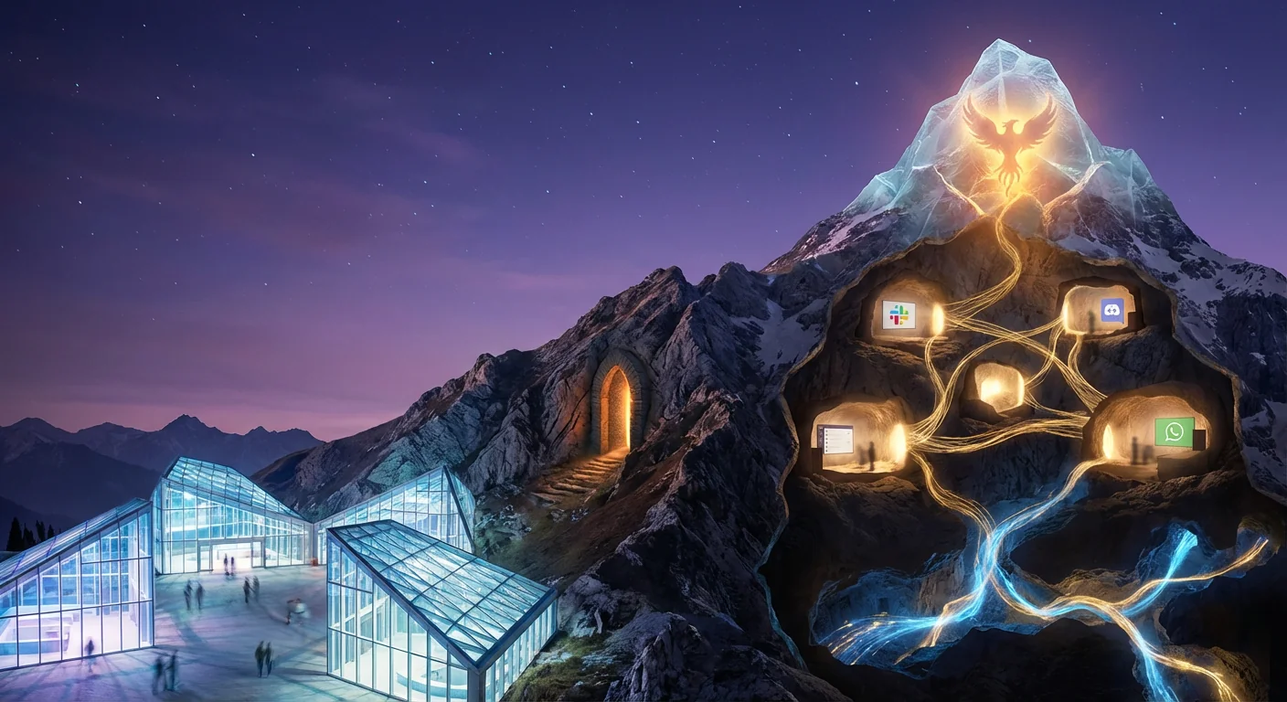 Dark Social and Private Community Hubs — Private channels converging into a branded community hub ascending toward a golden phoenix