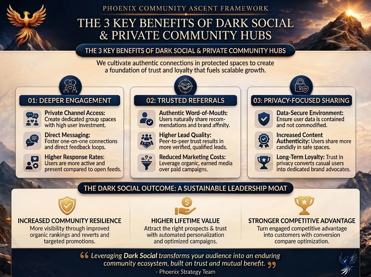 Infographic visualizing 3 key benefits of Dark Social and Private Community Hubs