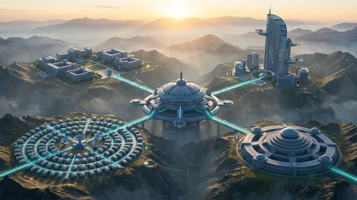 Four distinct architectural complexes representing higher ed, corporate, health, and localization audiences, connected to a central hub by glowing pathways