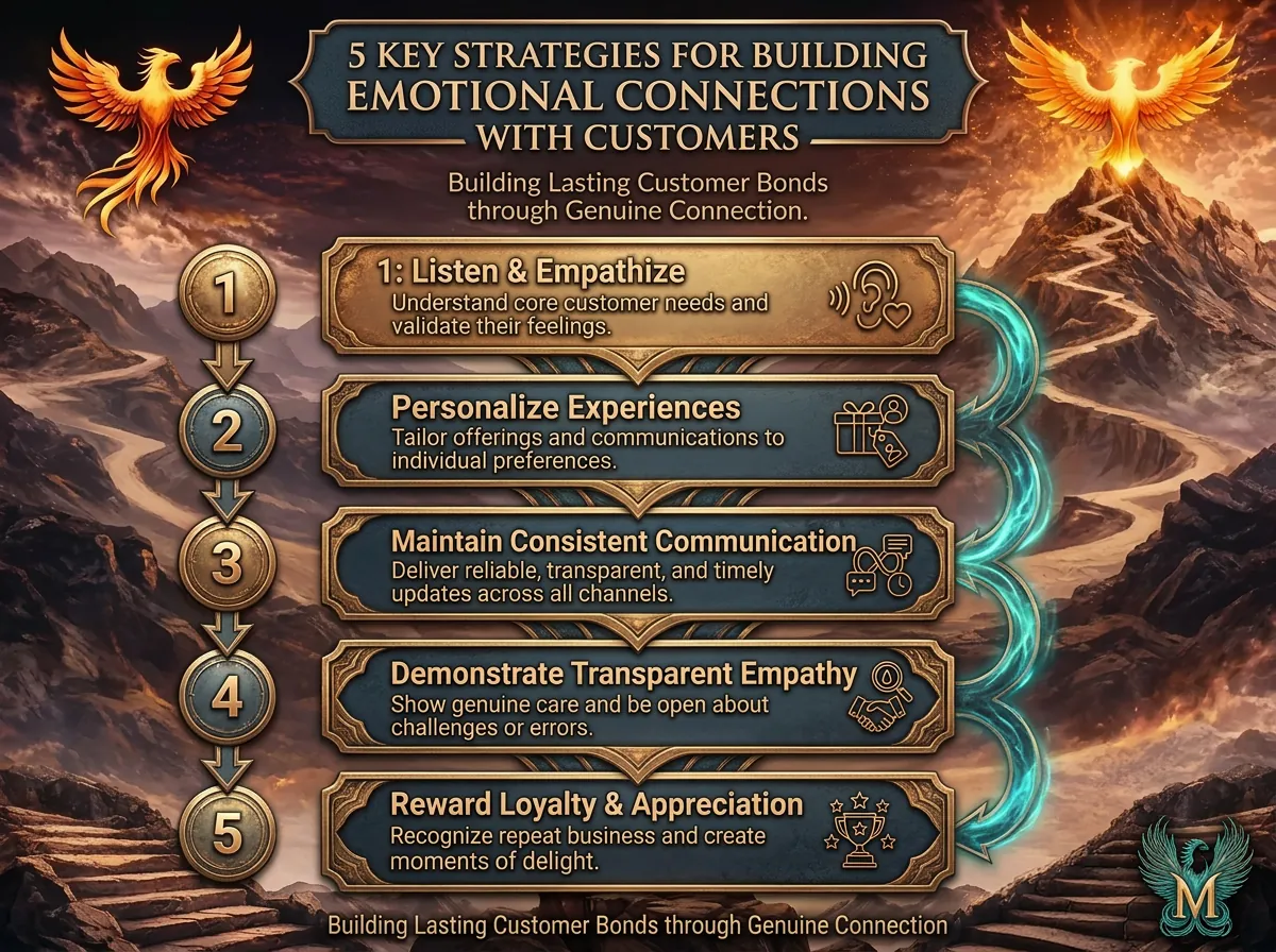 Infographic: 5 key strategies for emotional connections with customers. Top Strategies for Building Emotional Connections.