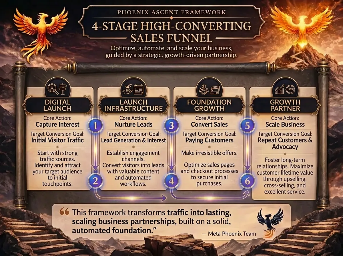 Infographic: How to Build a High Converting Sales Funnel — 4-stage funnel from awareness to action.