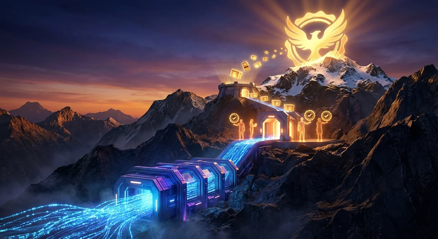 The Human-Verified Content Badge &mdash; A shield of trust rising above a sea of AI-generated content