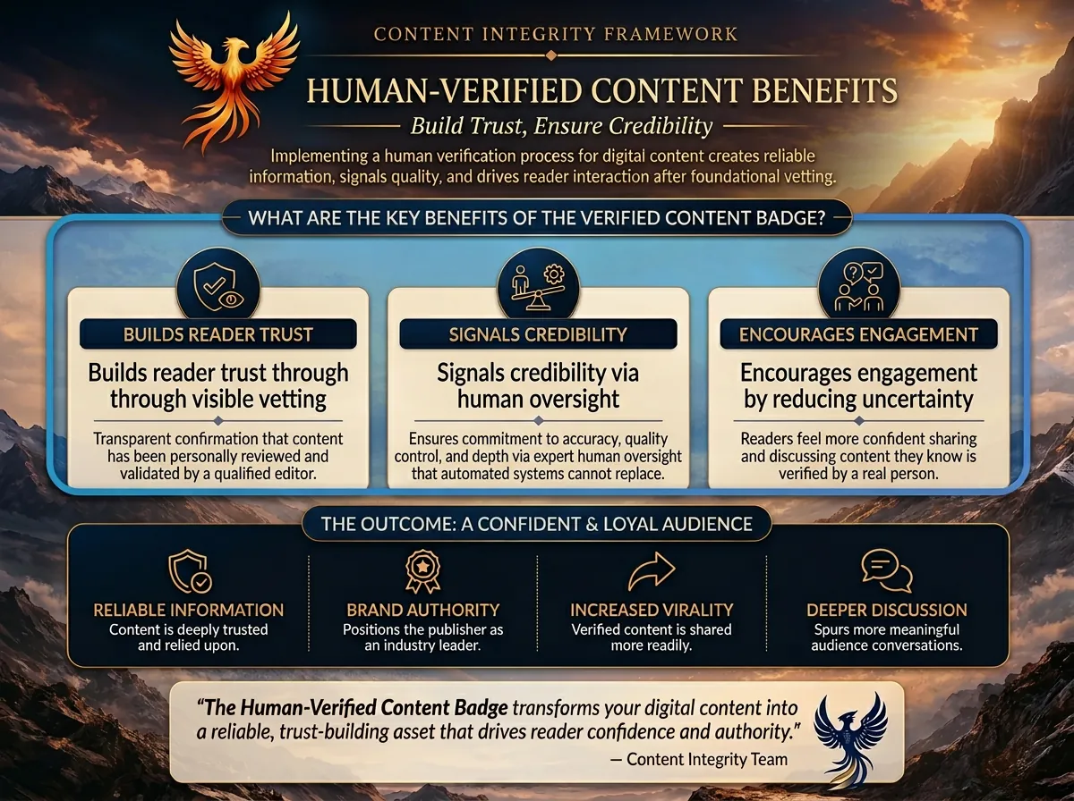 Infographic showing 3 key benefits of the Human-Verified Content Badge: trust, accuracy, transparency