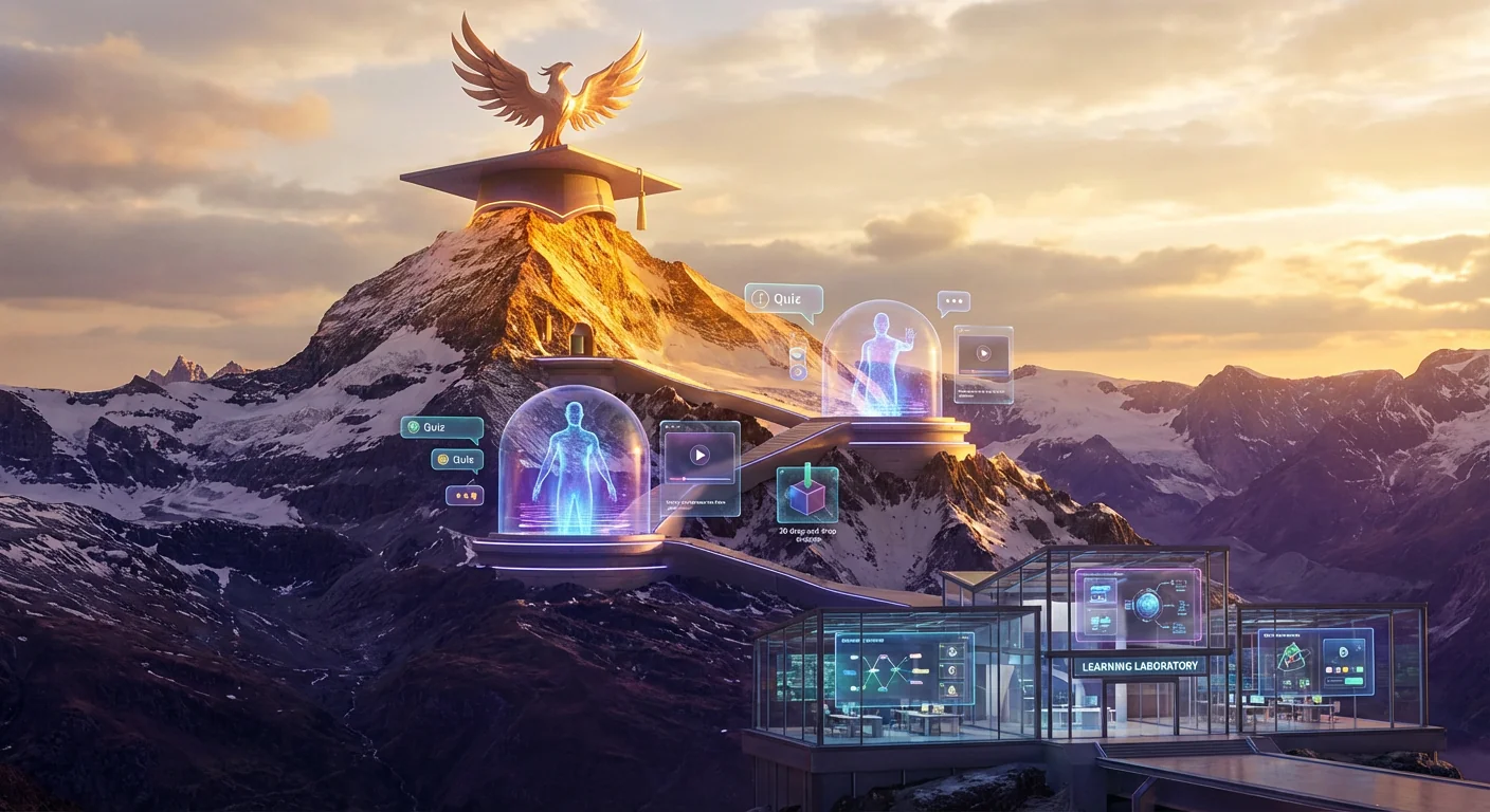 Best Tools for Creating Interactive E-Learning Content in 2026 — Interactive learning platforms ascending toward a golden phoenix