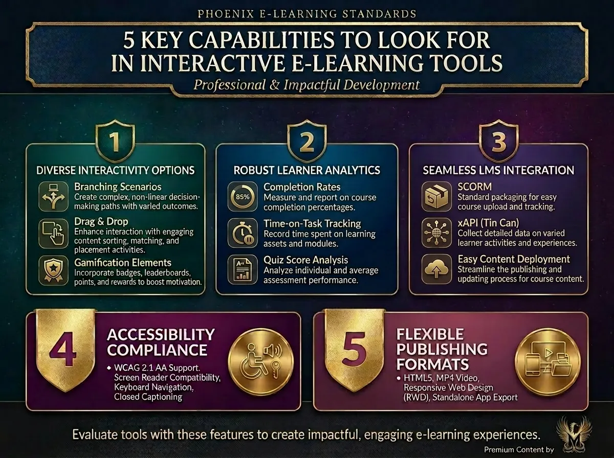 Infographic showing five key capabilities to look for in Best Tools for Creating Interactive E-Learning Content.