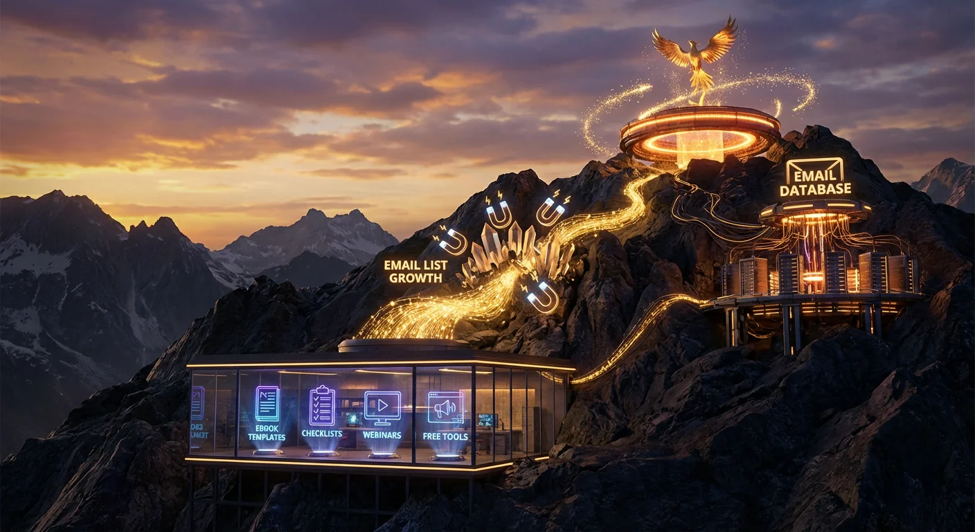 Top Lead Magnet Ideas to Grow Your Email List in 2026 — Email growth strategies ascending toward a golden phoenix