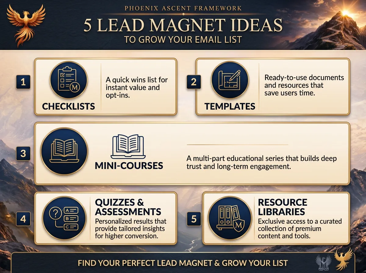 Infographic: Top Lead Magnet Ideas to Grow Your Email List featuring five ideas: ebooks, checklists, templates, webinars, freebies.