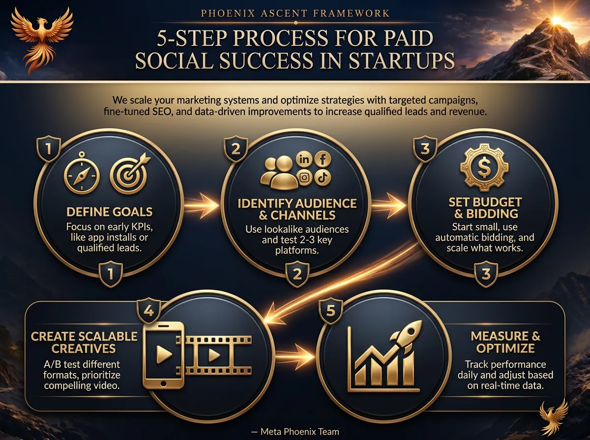 Infographic: a 5-step paid social process for startup success, detailing best strategies for new startups.