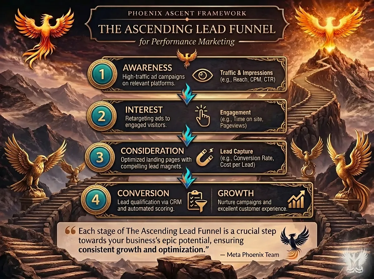 4-step lead generation funnel for performance marketing and lead generation, detailing stages from awareness to conversion.