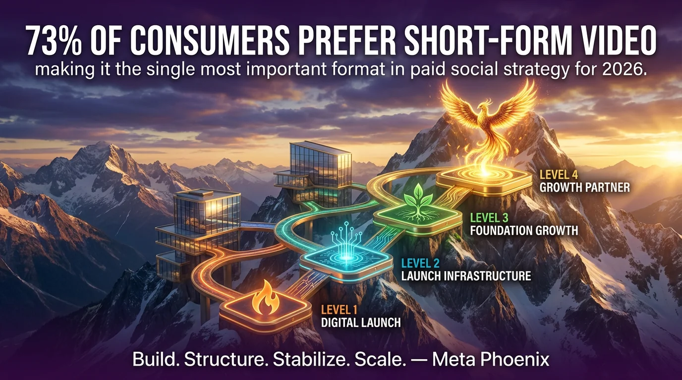 73% of consumers prefer short-form video - Phoenix Ascent Framework infographic