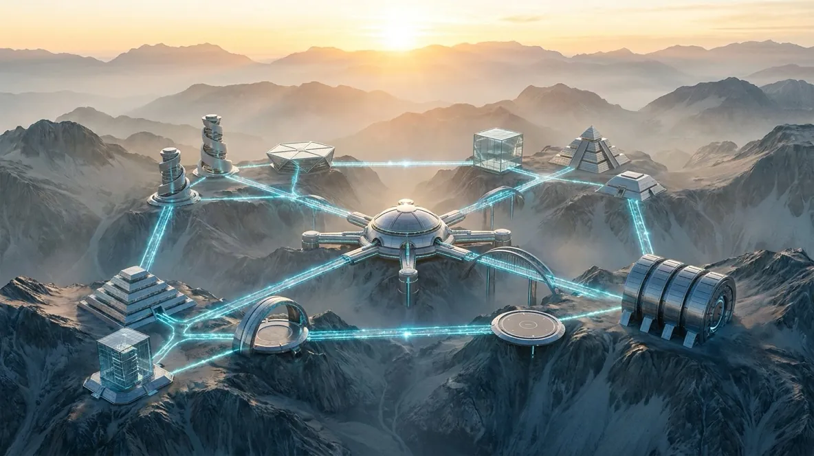 Network of connected architectural nodes — distinct system types linked by glowing pathways, representing the Systems Layer capability set