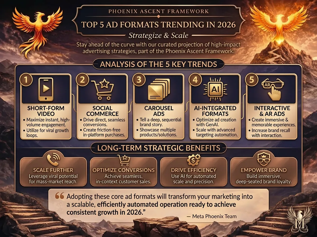 Infographic of the top 5 social media ad formats trending in 2026 (video ads, carousels, stories, reels, immersive)