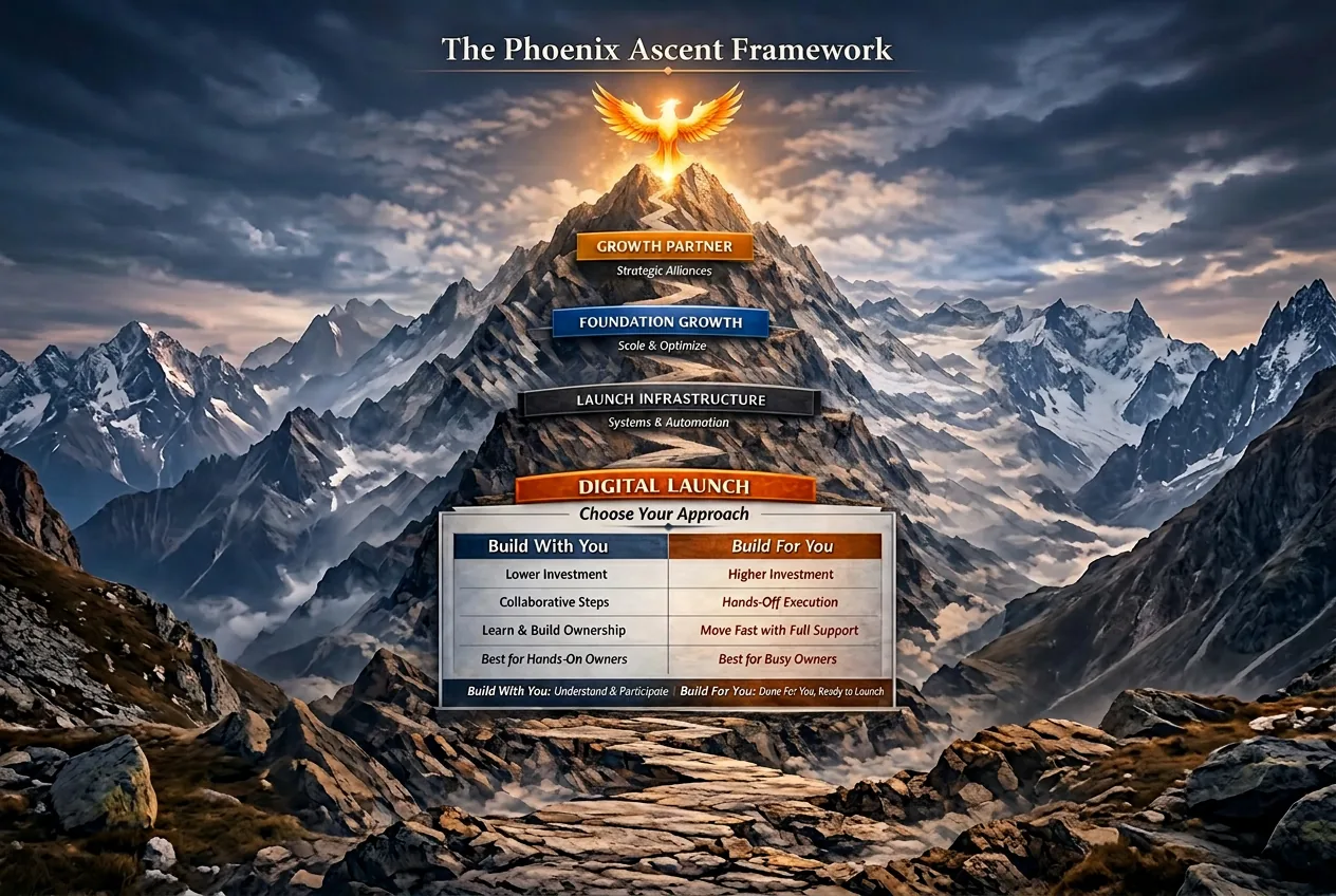 The Phoenix Ascent Framework — four stages from Digital Launch to Growth Partner